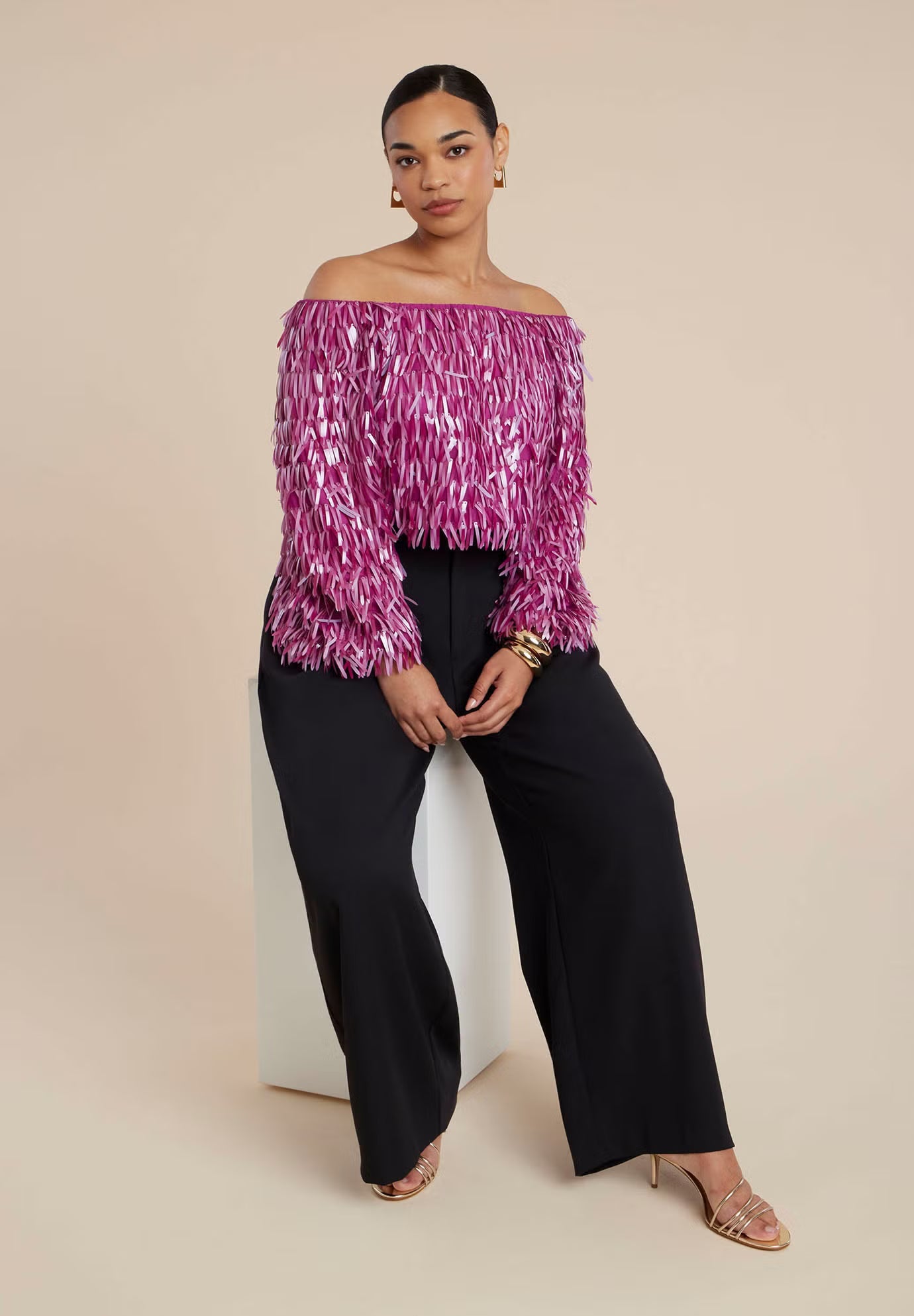 ELOQUII Fringe Sequin Off The Shoulder Top - Festival Fuschia