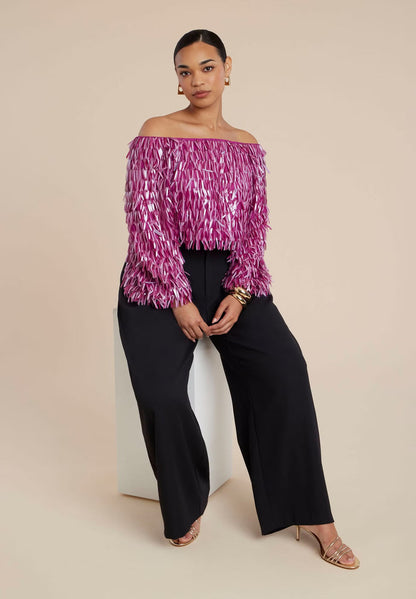 ELOQUII Fringe Sequin Off The Shoulder Top - Festival Fuschia