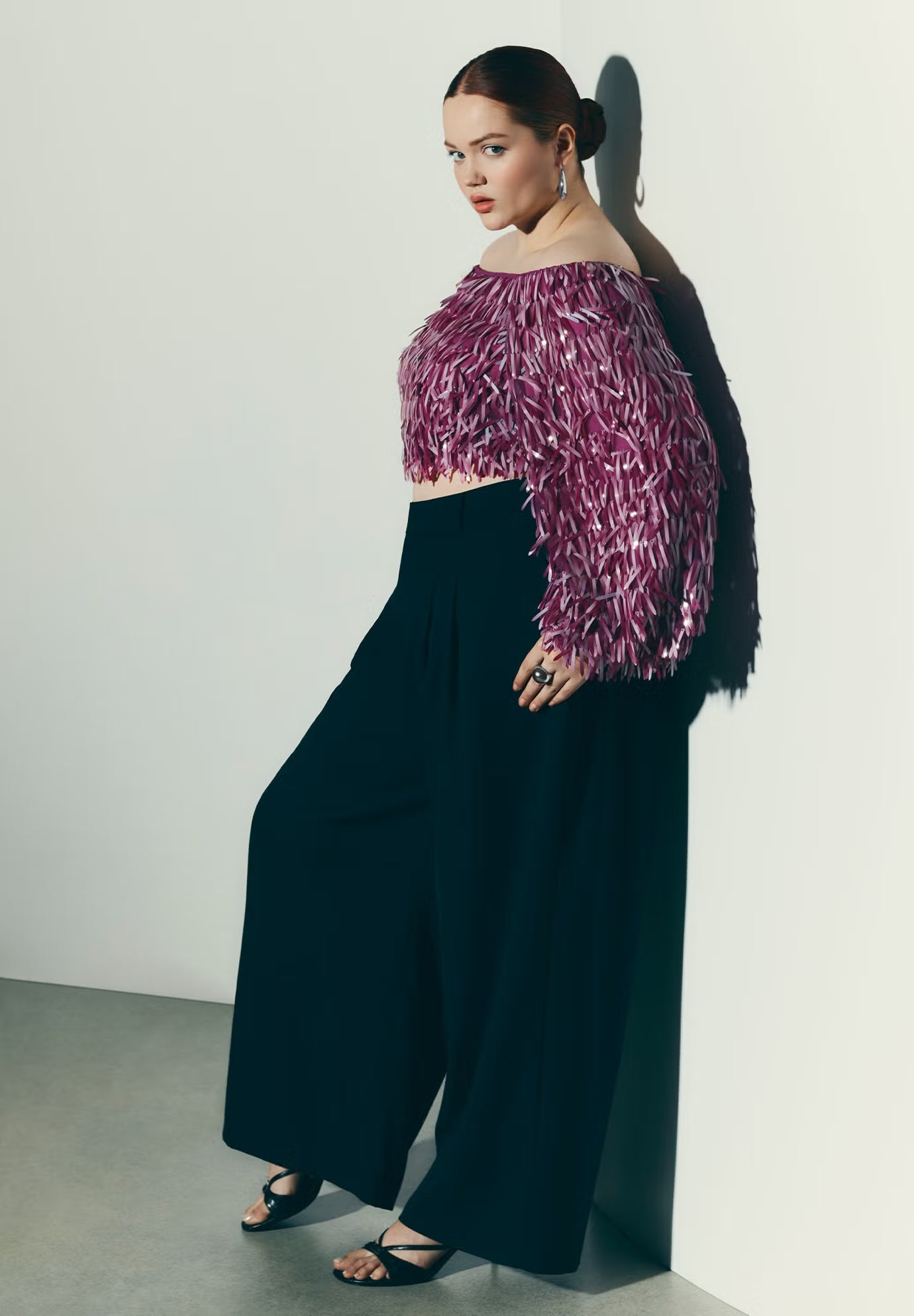 ELOQUII Fringe Sequin Off The Shoulder Top - Festival Fuschia