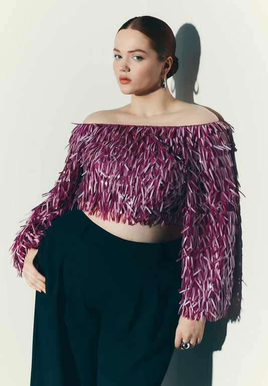 ELOQUII Fringe Sequin Off The Shoulder Top - Festival Fuschia