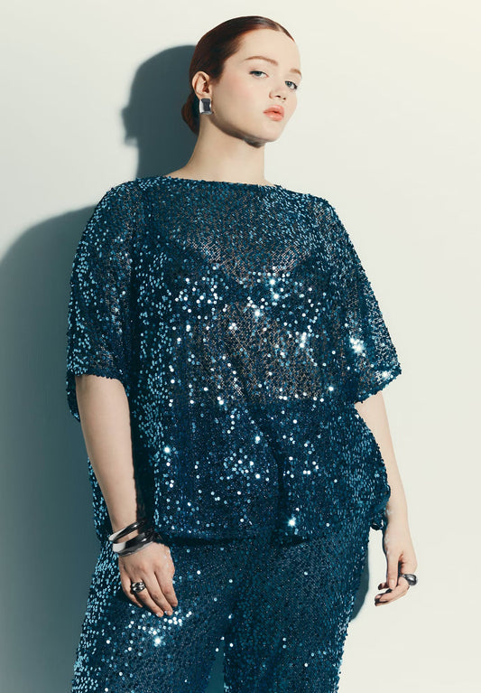 ELOQUII Sequin Poncho - Blue Steel