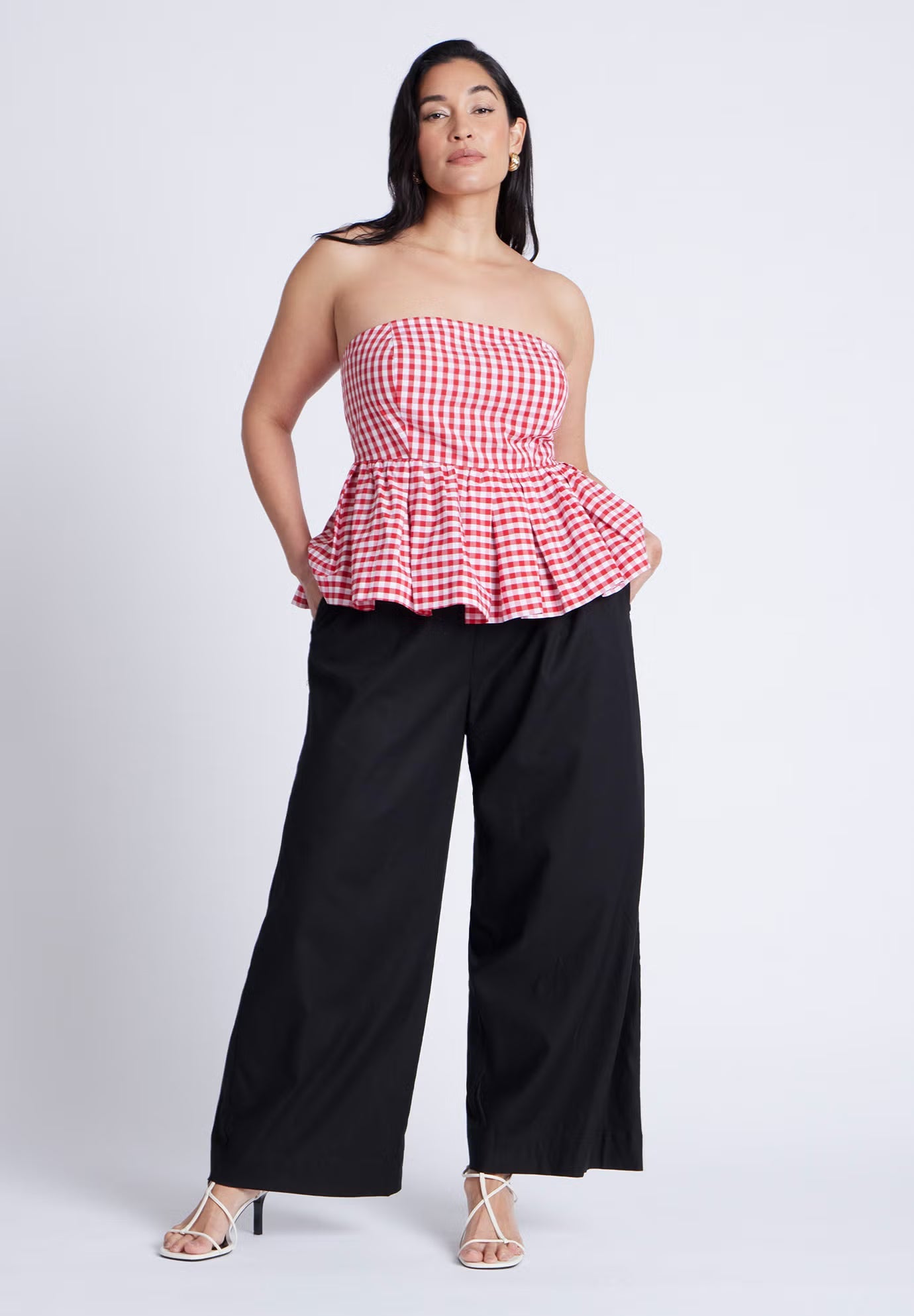 ELOQUII Gingham Peplum Top - Spring Gingham Red