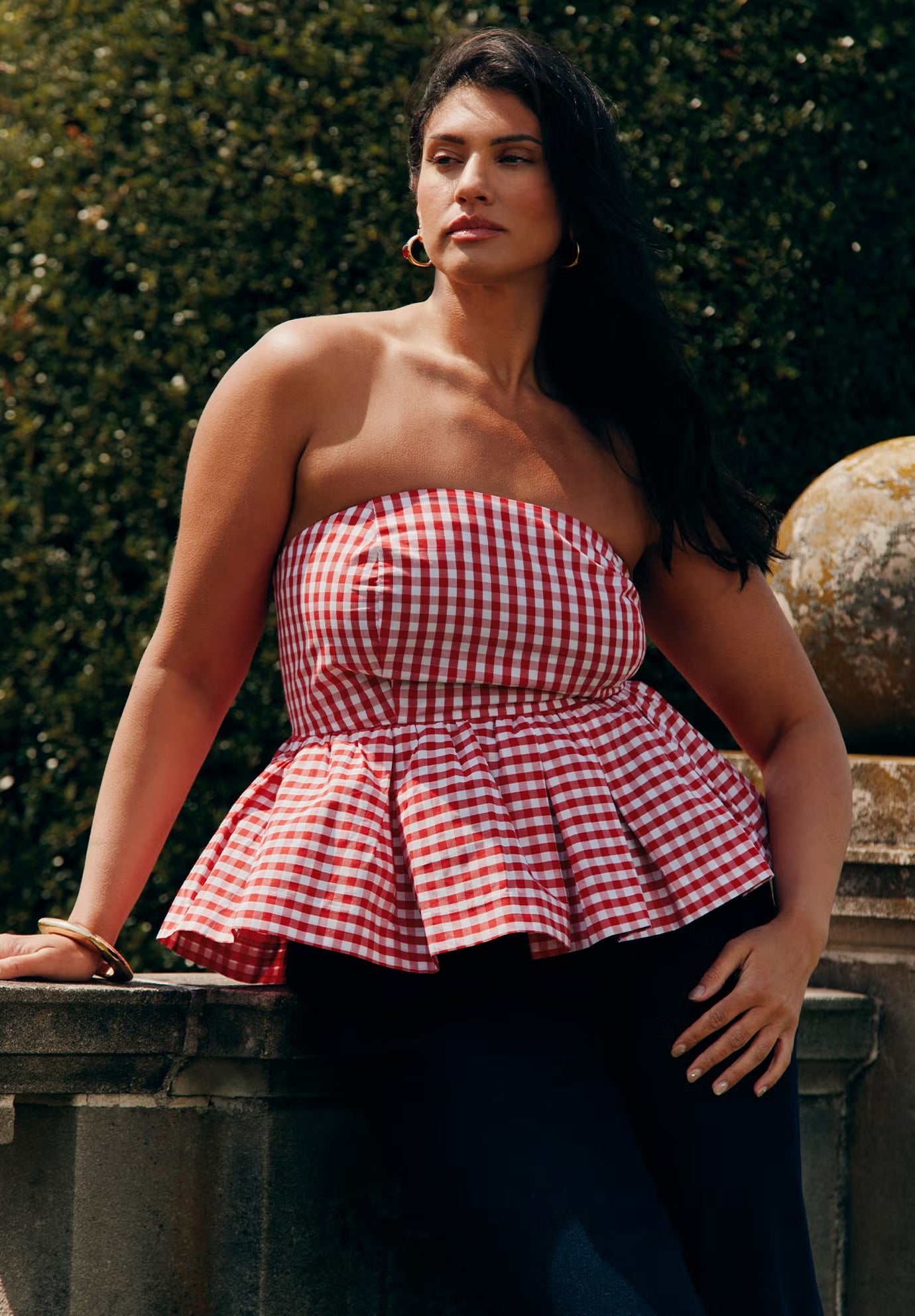 ELOQUII Gingham Peplum Top - Spring Gingham Red