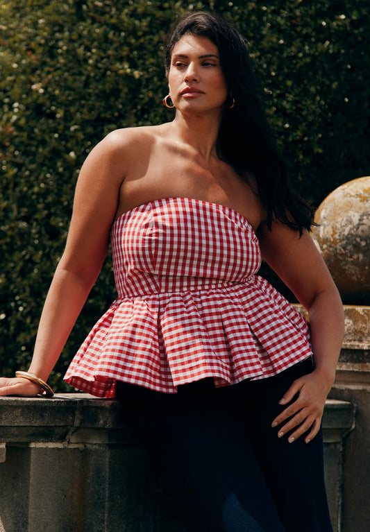 ELOQUII Gingham Peplum Top - Spring Gingham Red