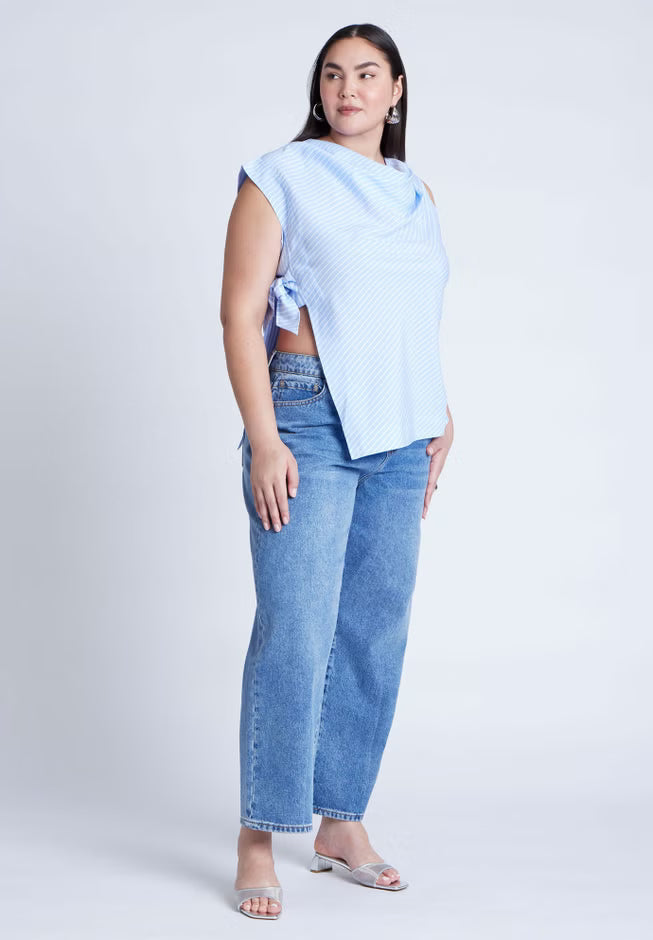 ELOQUII Asym Tie Top - White On Blue