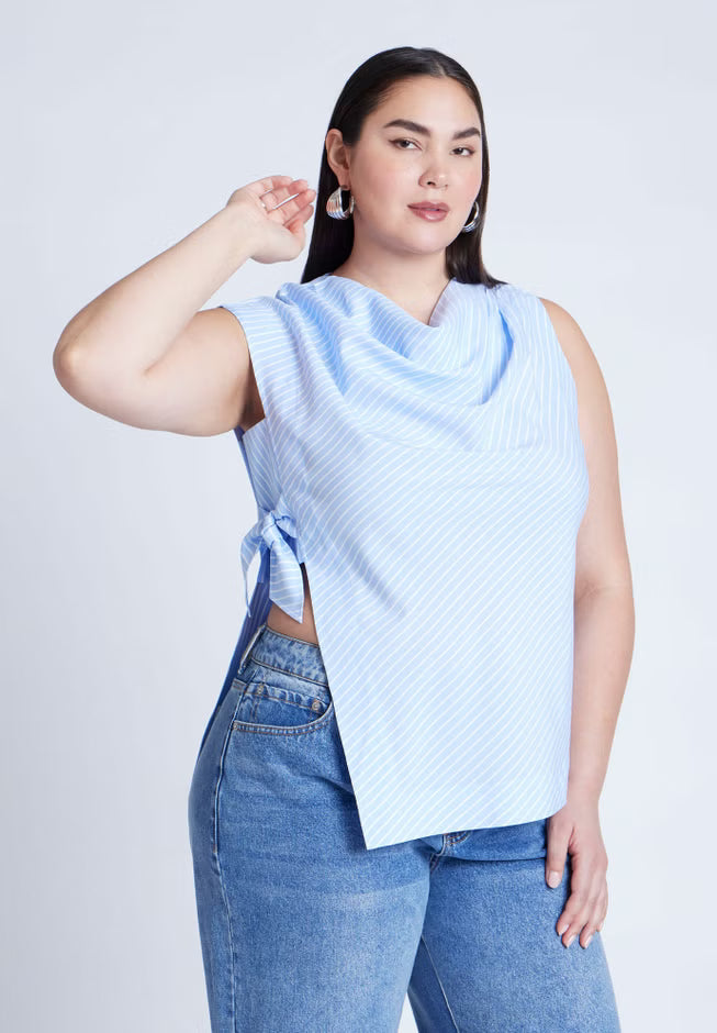 ELOQUII Asym Tie Top - White On Blue