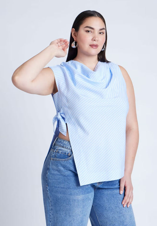 ELOQUII Asym Tie Top - White On Blue