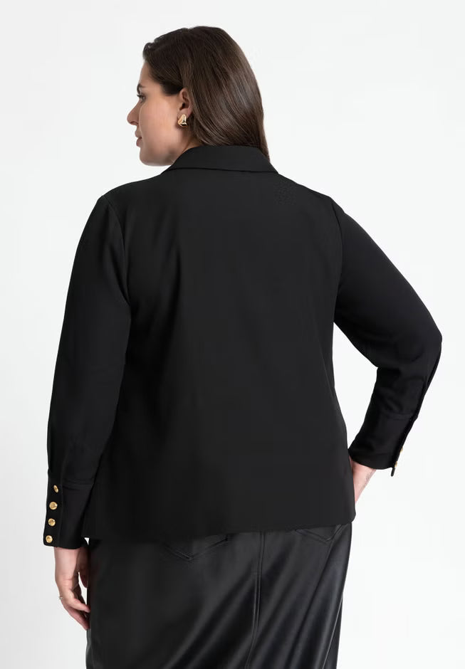 ELOQUII Pointed Collar Button Up Shirt - Totally Black