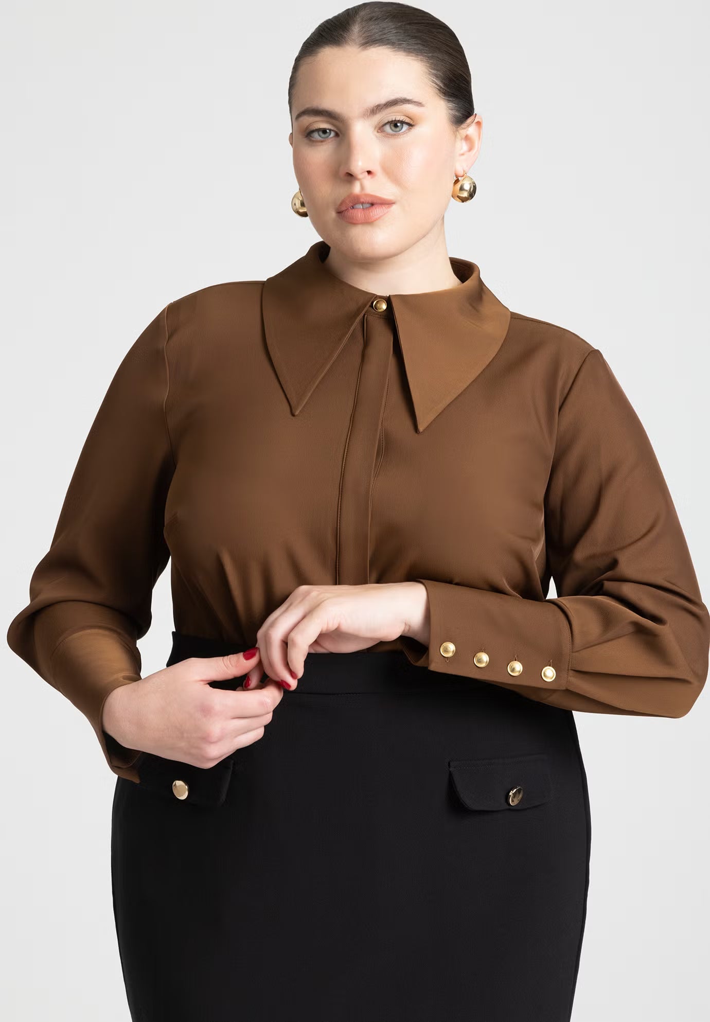 ELOQUII Pointed Collar Button Up Shirt - Carafe