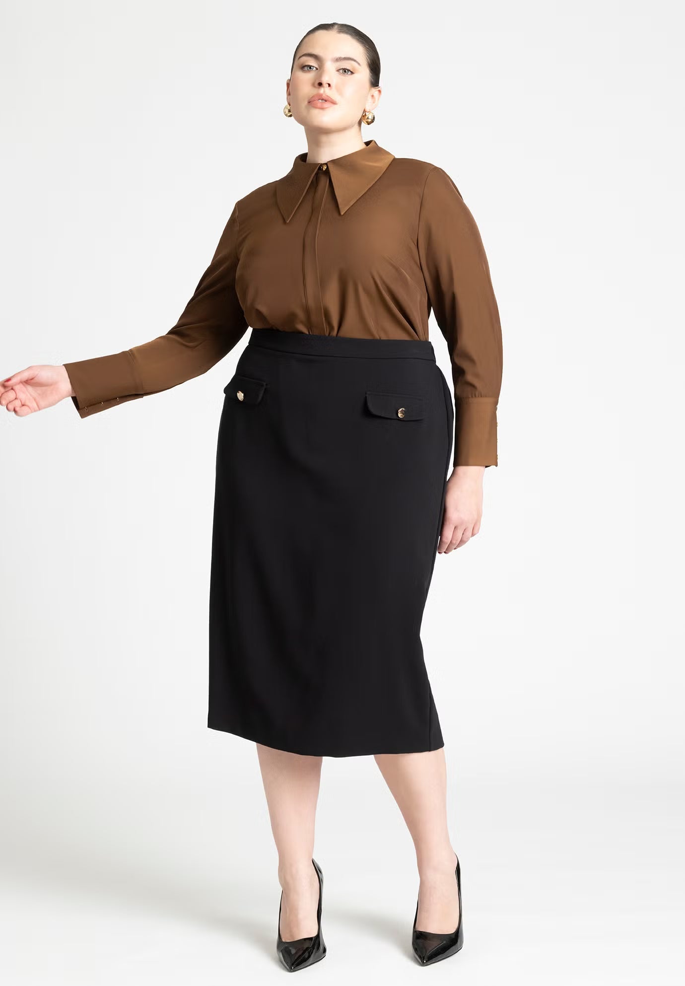 ELOQUII Pointed Collar Button Up Shirt - Carafe