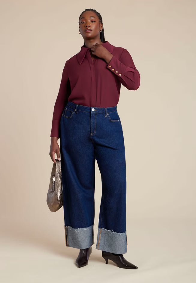 ELOQUII Pointed Collar Button Up Shirt - Port Royale