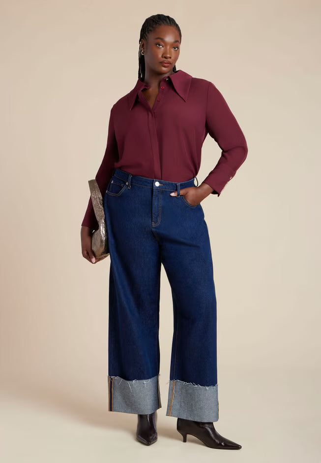 ELOQUII Pointed Collar Button Up Shirt - Port Royale