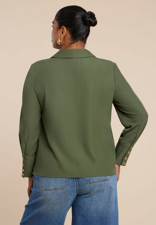 ELOQUII Pointed Collar Button Up Shirt - Dark Forest Green