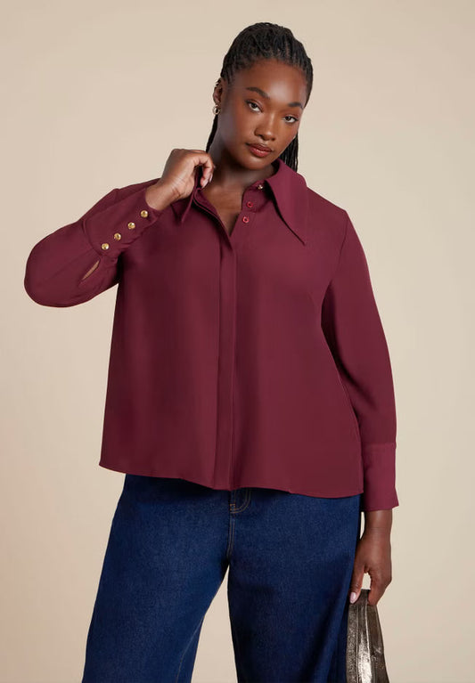 ELOQUII Pointed Collar Button Up Shirt - Port Royale