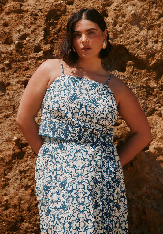 ELOQUII Printed Cropped Tank Top - Azulejo