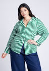 ELOQUII Striped Tie Back Button Up Top - Green And White Stripe