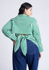 ELOQUII Striped Tie Back Button Up Top - Green And White Stripe