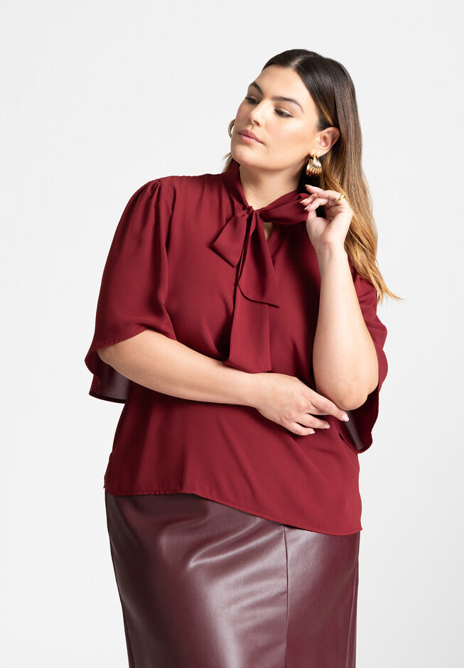 ELOQUII Women's Bow Blouse with Flutter Sleeve