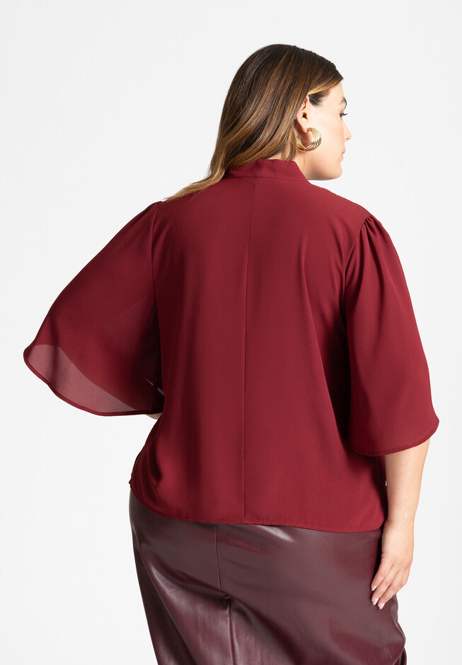 ELOQUII Women's Bow Blouse with Flutter Sleeve