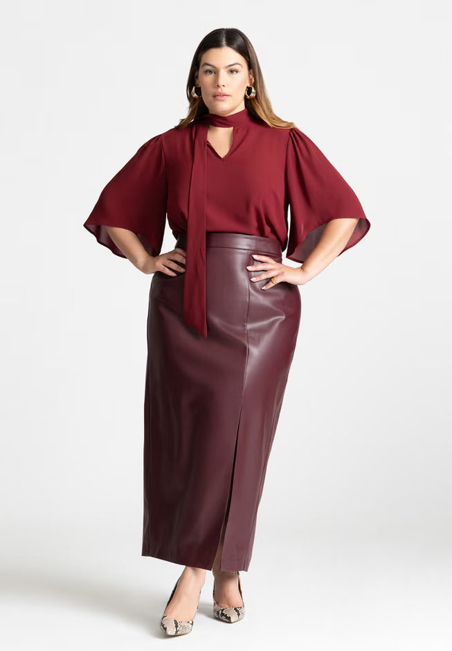 ELOQUII Bow Blouse with Flutter Sleeve - Cabernet