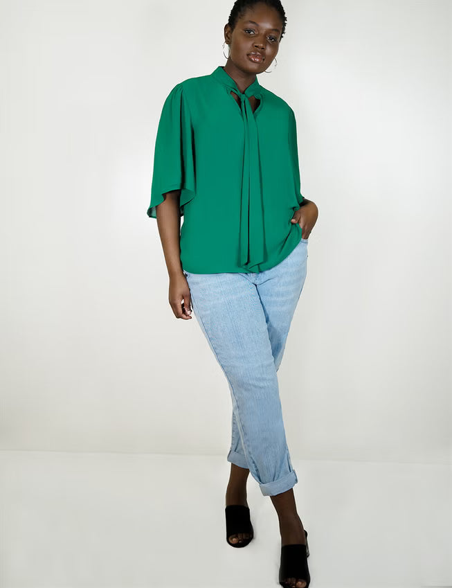 ELOQUII Bow Blouse with Flutter Sleeve - Jade Green