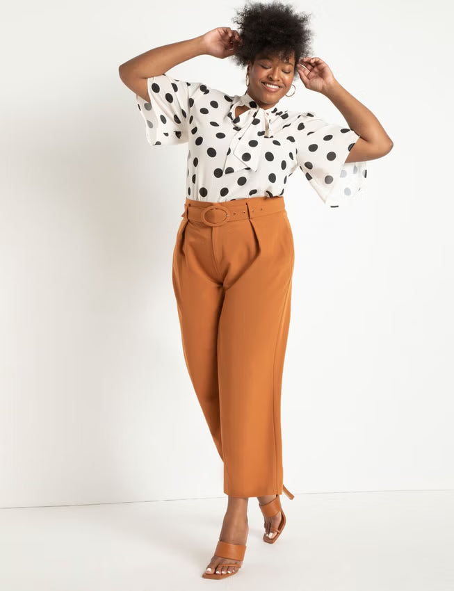ELOQUII Bow Blouse with Flutter Sleeve - Dot Bone