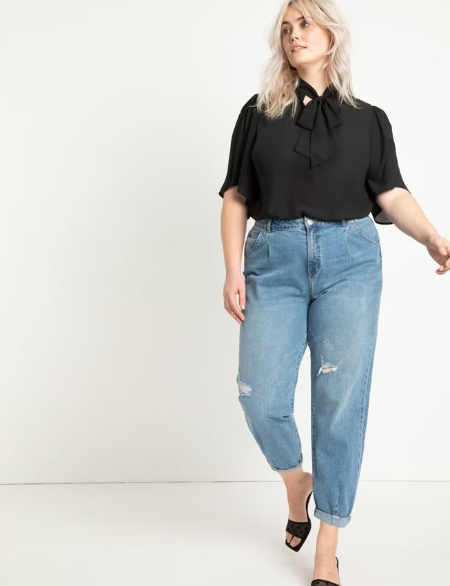 ELOQUII Bow Blouse with Flutter Sleeve - Black