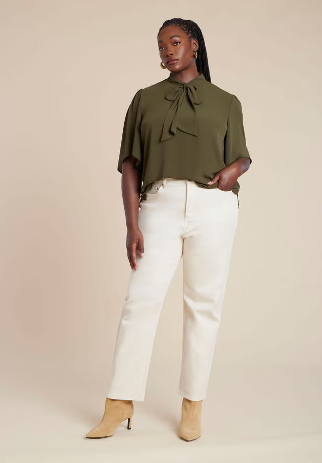 ELOQUII Bow Blouse with Flutter Sleeve - Dark Forest Green