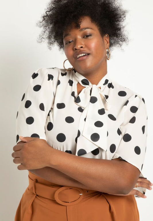 ELOQUII Bow Blouse with Flutter Sleeve - Dot Bone