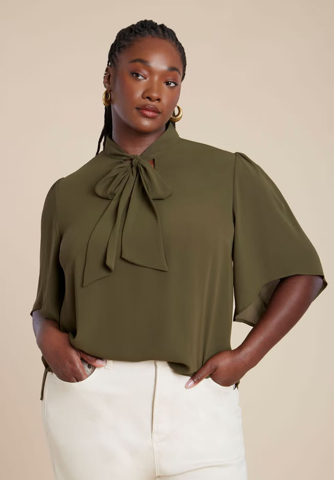 ELOQUII Bow Blouse with Flutter Sleeve - Dark Forest Green