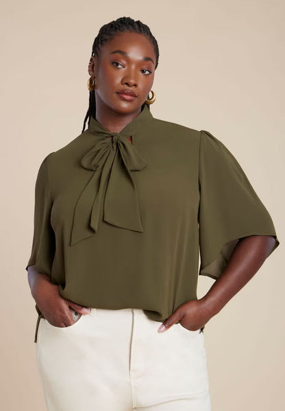 ELOQUII Bow Blouse with Flutter Sleeve - Dark Forest Green