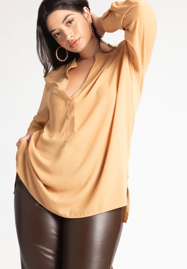 ELOQUII Mandarin Collar Tunic - Tan