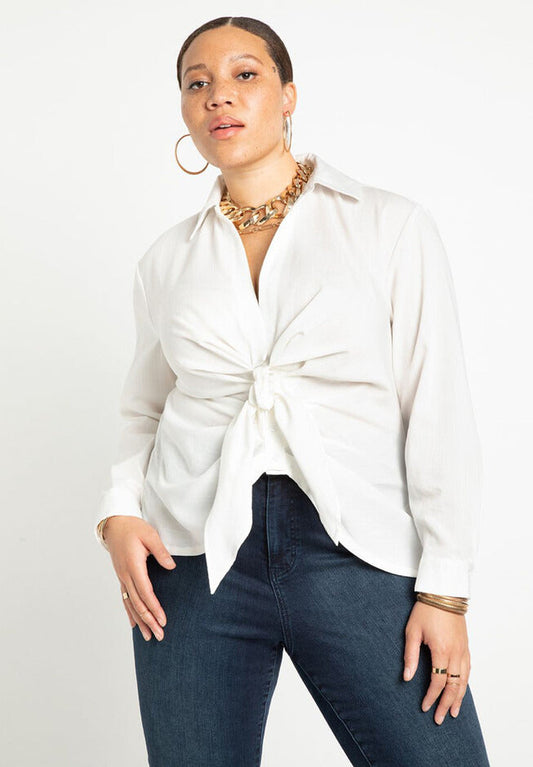 ELOQUII Women's Tie Front Collared Blouse