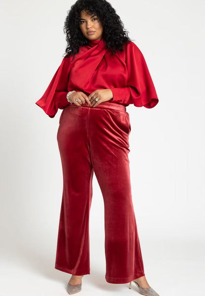 ELOQUII Draped Neck Satin Blouse - Zinfandel