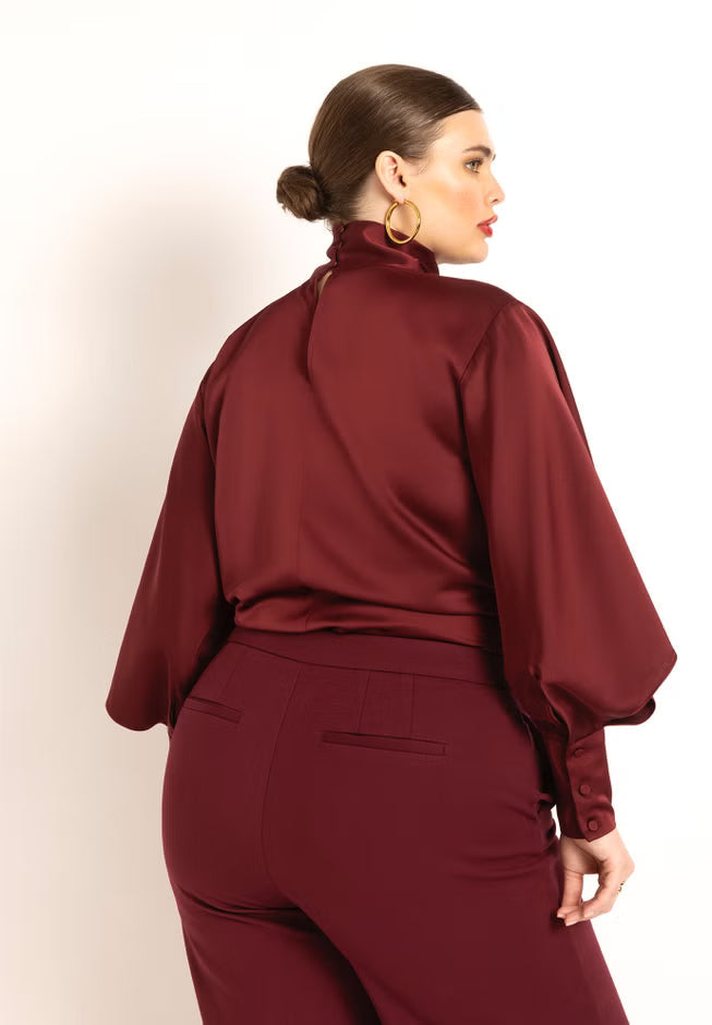 ELOQUII Draped Neck Satin Blouse - Zinfandel