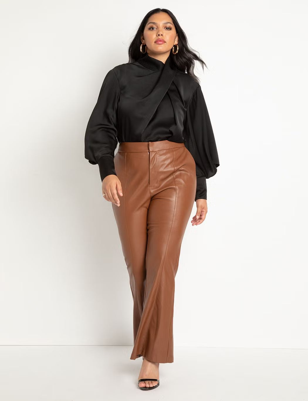 ELOQUII Draped Neck Satin Blouse - Totally Black