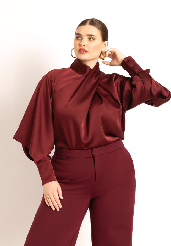 ELOQUII Draped Neck Satin Blouse - Zinfandel