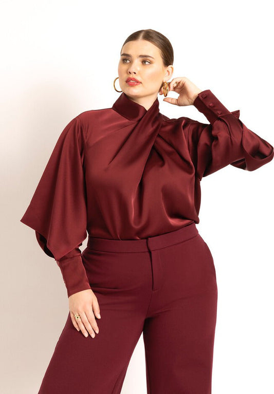 ELOQUII Women's Draped Neck Satin Blouse