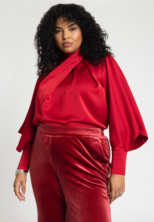 ELOQUII Women's Draped Neck Satin Blouse