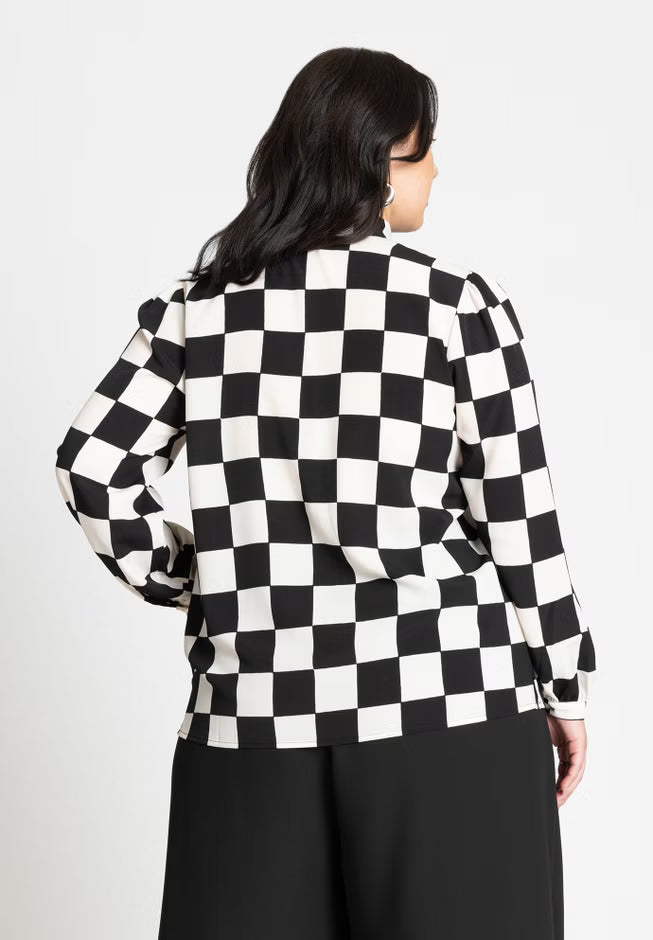 ELOQUII Printed Tie Neck Blouse - Checkered