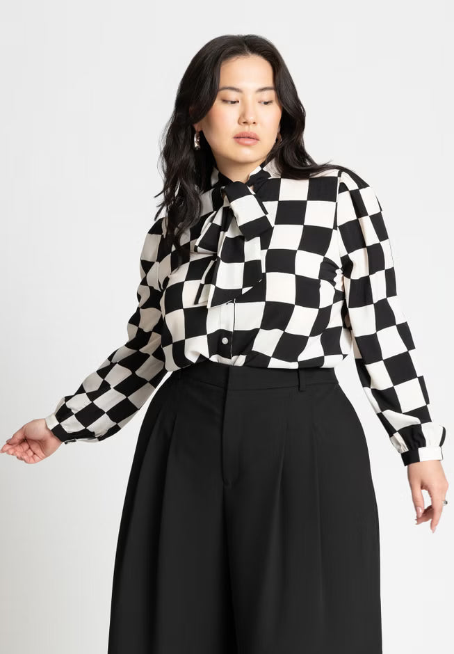 ELOQUII Printed Tie Neck Blouse - Checkered
