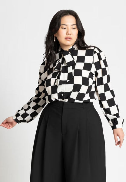 ELOQUII Printed Tie Neck Blouse - Checkered