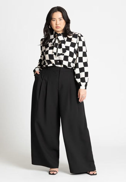 ELOQUII Printed Tie Neck Blouse - Checkered