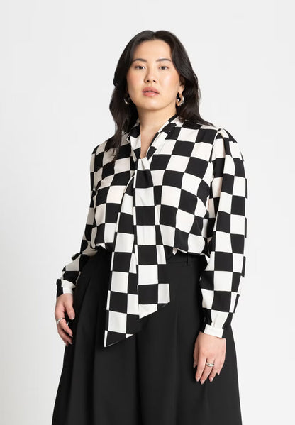 ELOQUII Printed Tie Neck Blouse - Checkered