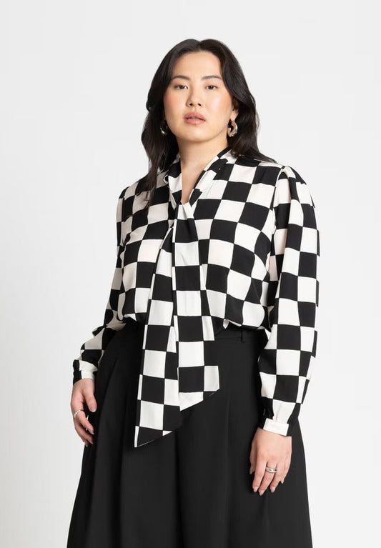 ELOQUII Printed Tie Neck Blouse - Checkered