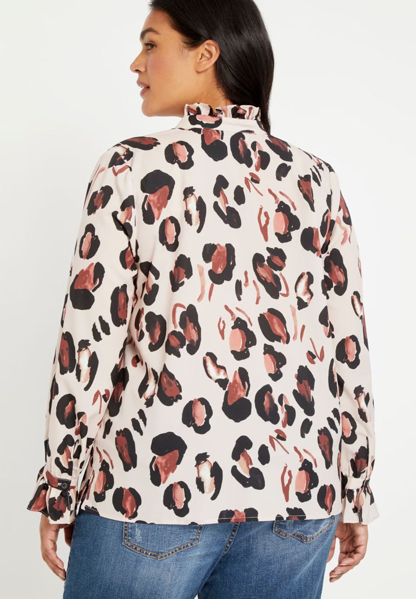 ELOQUII Printed Button Down Shirt with Ruffle Neck - Panthera