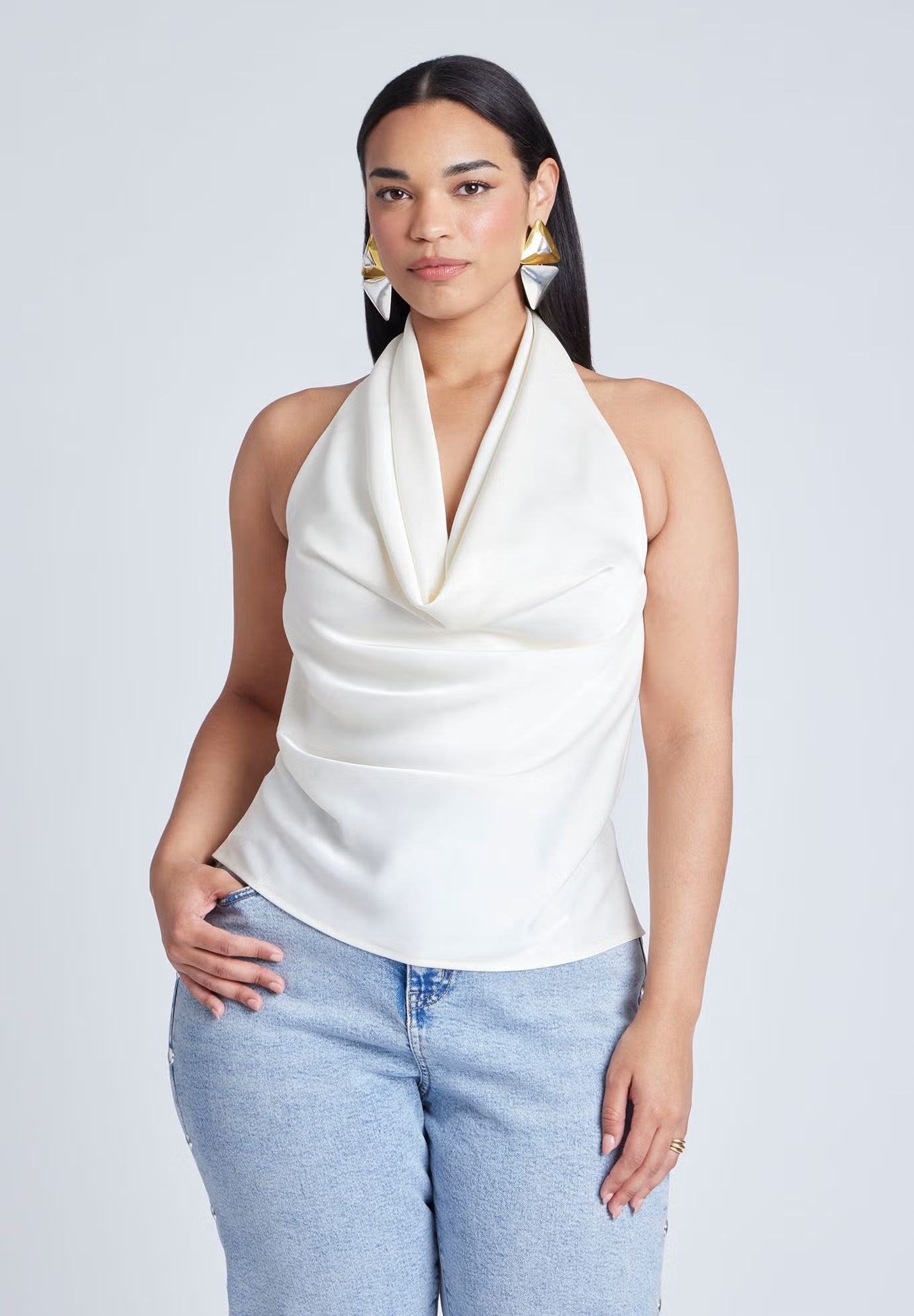 ELOQUII Satin Halter Top - Jet Stream