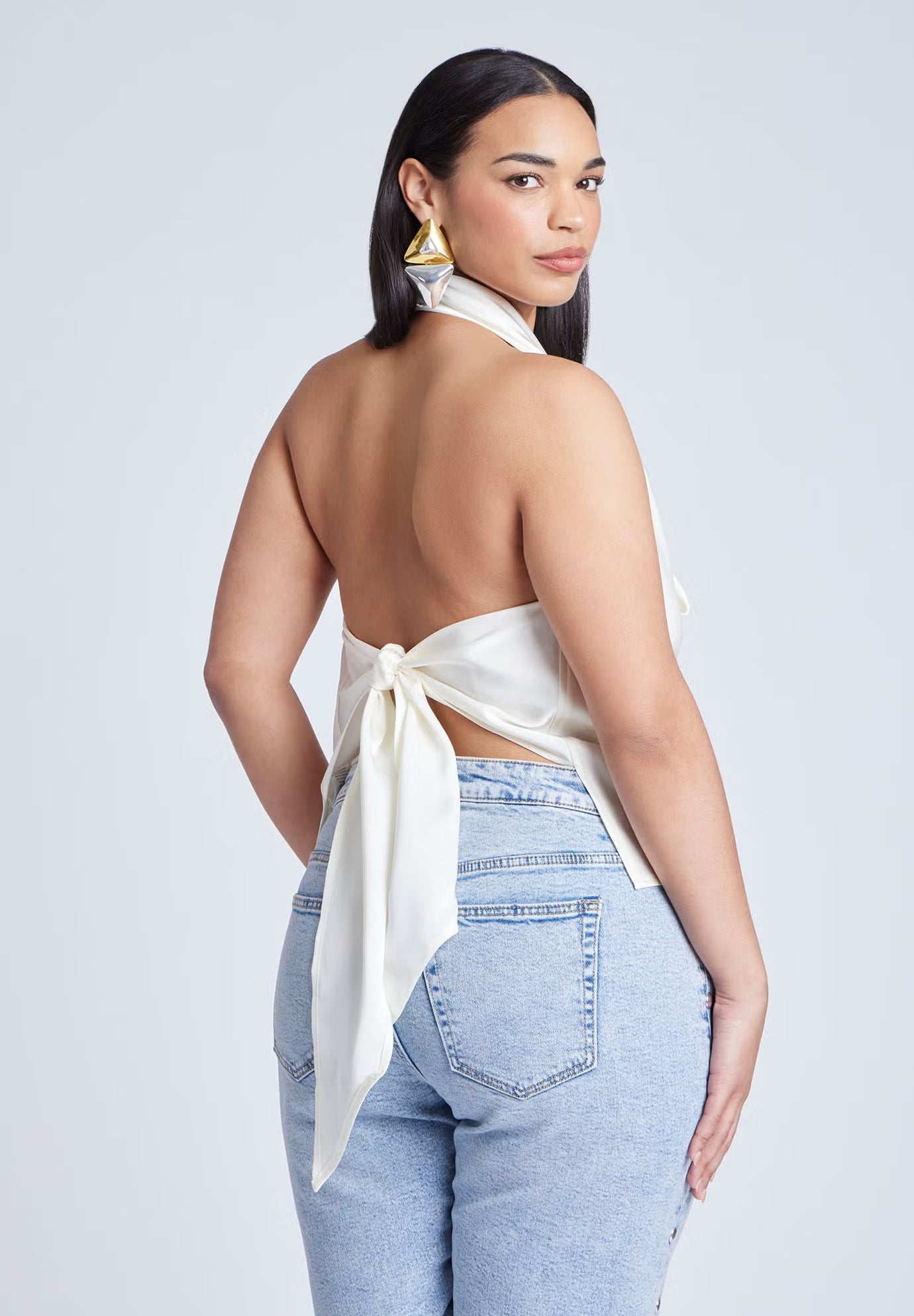 ELOQUII Satin Halter Top - Jet Stream