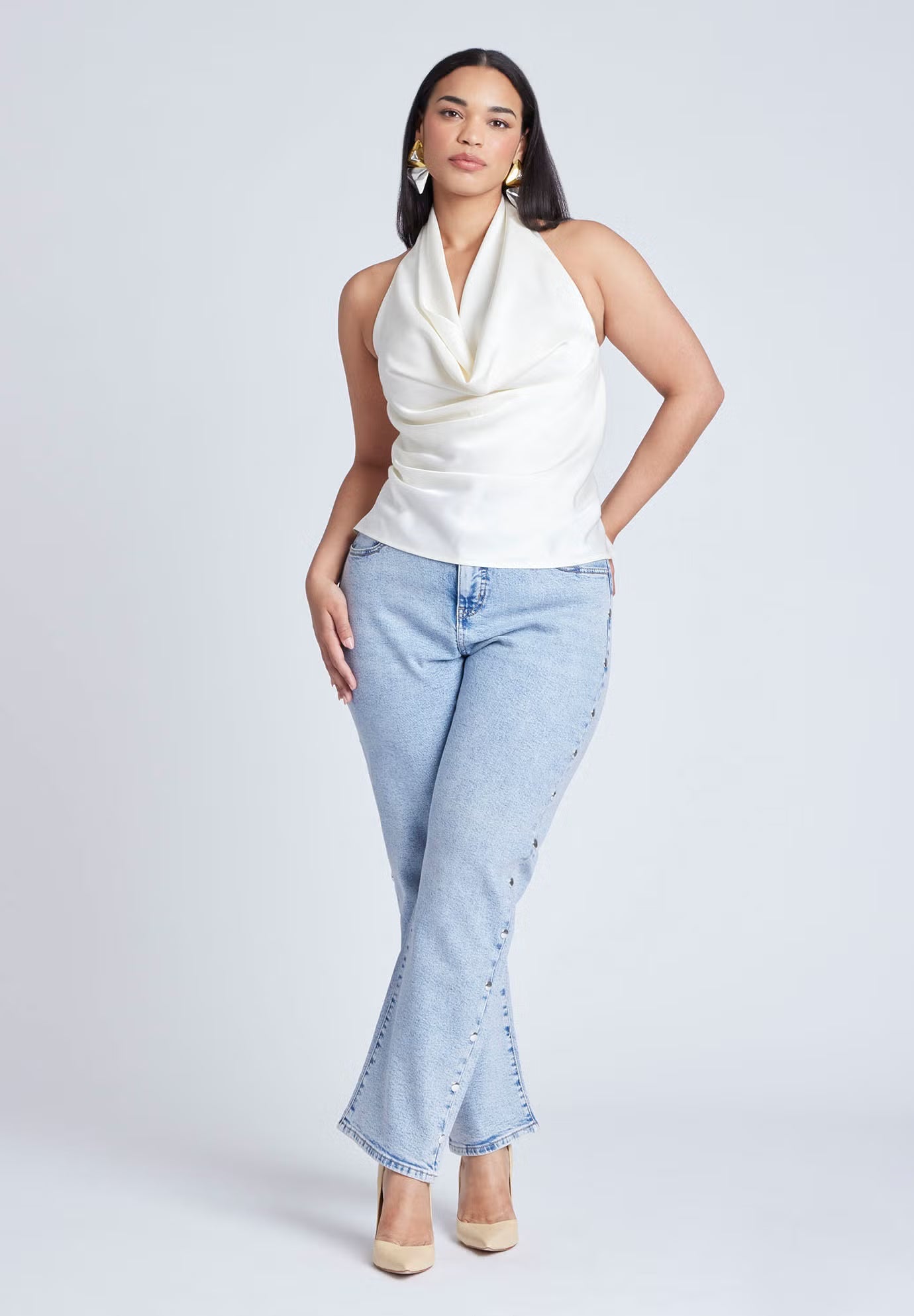 ELOQUII Satin Halter Top - Jet Stream