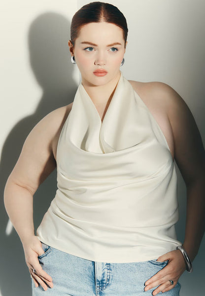 ELOQUII Satin Halter Top - Jet Stream